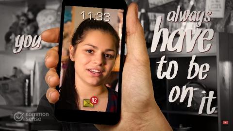 A teenage girl appears on a phone screen with the text 'You always have to be online'