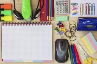 Colourful stationery on a desk