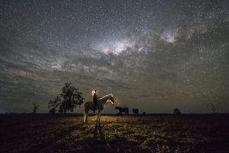 A person riding a horse under a starry sky