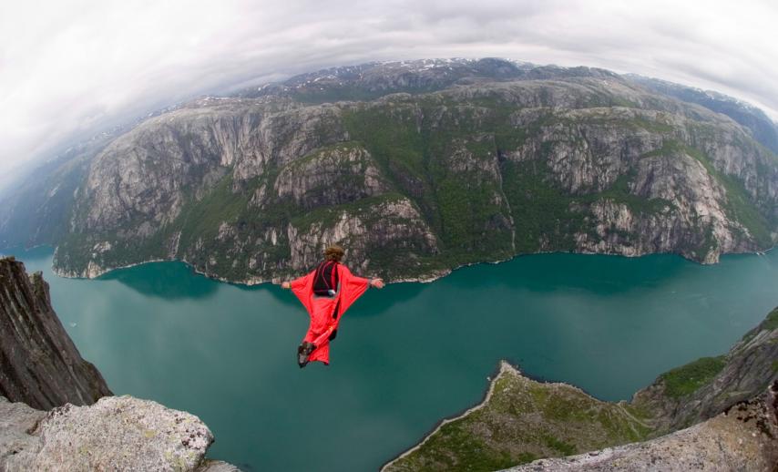 A person in a wingsuit flying