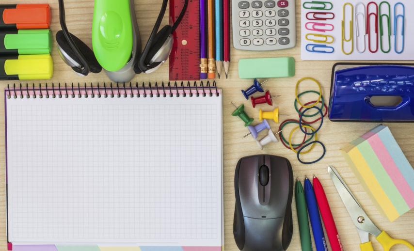 Colourful stationery on a desk