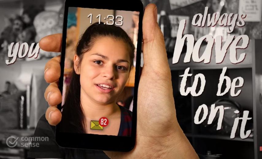 A teenage girl appears on a phone screen with the text 'You always have to be online'
